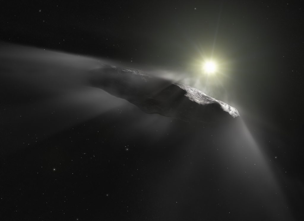 Vizualizace asteroidu `Oumuamua. Credit: ESA/Hubble, NASA, ESO, M. Kornmesser