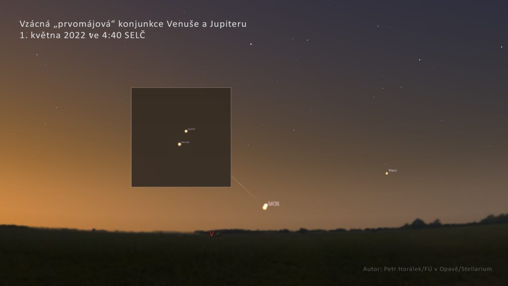 Velká prvomájová konjunkce Jupiteru a Venuše nad východním obzorem ve 4:40 SELČ. Nedaleko bude také planeta Mars. Zdroj: P. Horálek/FÚ v Opavě/Stellarium.