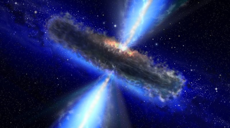 Superhmotná černá díra obklopená diskem hmoty vyzařuje vysokoenergetické záření z tzv. jetů. Umělecká představa: ESO.