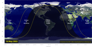 Viditelnost zatmění Měsíce 16. května 2022 ve světě. Zdroj: In-the-sky.org