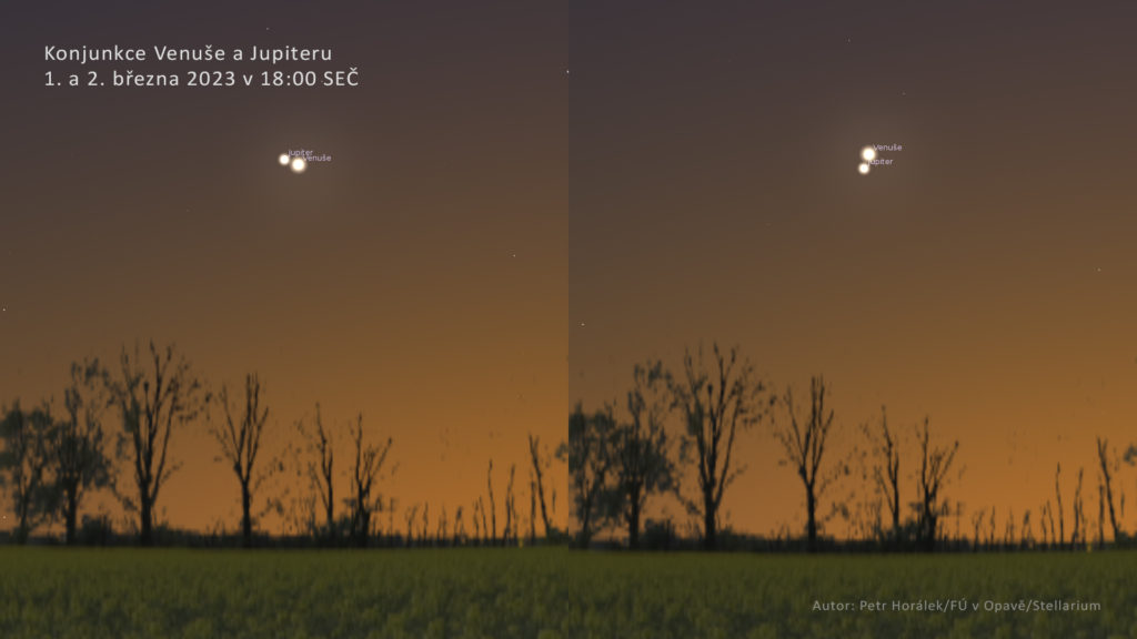 Vzájemné konjunkce Jupiteru a Venuše 1. a 2. března 2023 nad západním obzorem. Zdroj: Petr Horálek/FÚ v Opavě/Stellarium.