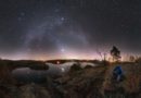 Kužel zvířetníkového světla sahající až k oblouku Mléčné dráhy v březnu 2020, jasný objekt je planeta Venuše. Na obzoru však září žluté rušivé umělé osvětlení. Foto: Petr Horálek.