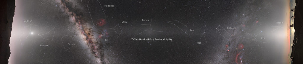 Unikátní celonoční mozaika zvířetníkového světla (sluneční světlo rozptýlené na prachu v rovině Sluneční soustavy) a zároveň portrét celého hvězdného zvířetníku (vyjma souhvězdí Ryb, kam se zrovna během fotografování promítalo Slunce). Souhvězdí Hadonoše poblíž centra Mléčné dráhy zasahuje do nemalé části oblohy mezi Střelce a Štíra. Foto: Petr Horálek/NOIRLab.