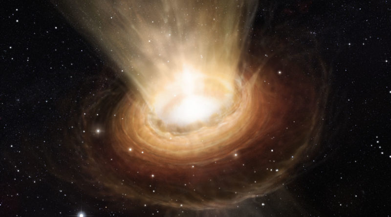 Umělecká představa superhmotné černé díry v centru galaxie NGC 3783. Vnitřní akreční disk obklopuje vnější slabší prstenec hmoty. Zdroj: ESO/M. Kornmesser.