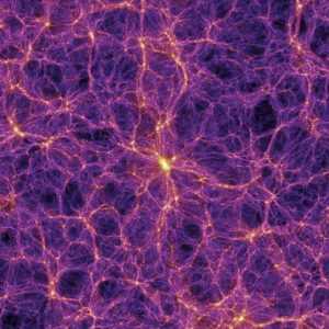 Simulace galaktických nadkup, jejichž struktury ovlivňuje skrytá hmota ve vesmíru. Umělecká představa: Springel et al. (Virgo Consortium).