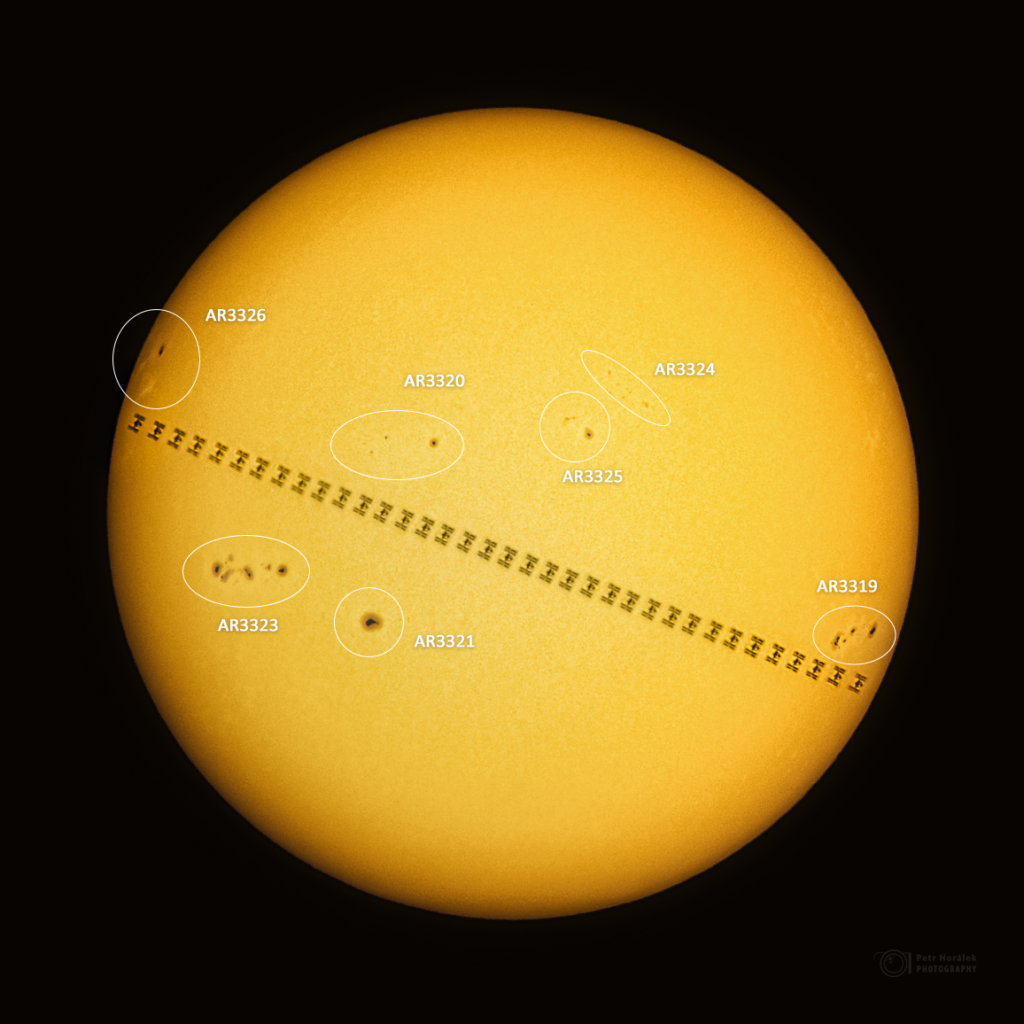 Mezinárodní kosmická stanice ISS před Sluncem a slunečními skvrnami 3. června 2023 z Uhlířova na Opavsku. Foto: Petr Horálek, FÚ SLU v Opavě.