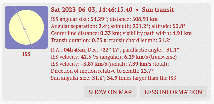 Parametry přeletu Mezinárodní kosmické stanice ISS na zvoleném místě pozorování v Uhlířově na Opavsku. Zdroj: Transit-Finder.com