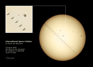 Prelet Medzinárodnej kozmickej stanice pred Slnkom 4. augusta 2023 z Prešovska - detail. Foto: Peter Horálek/FÚ v Opave.