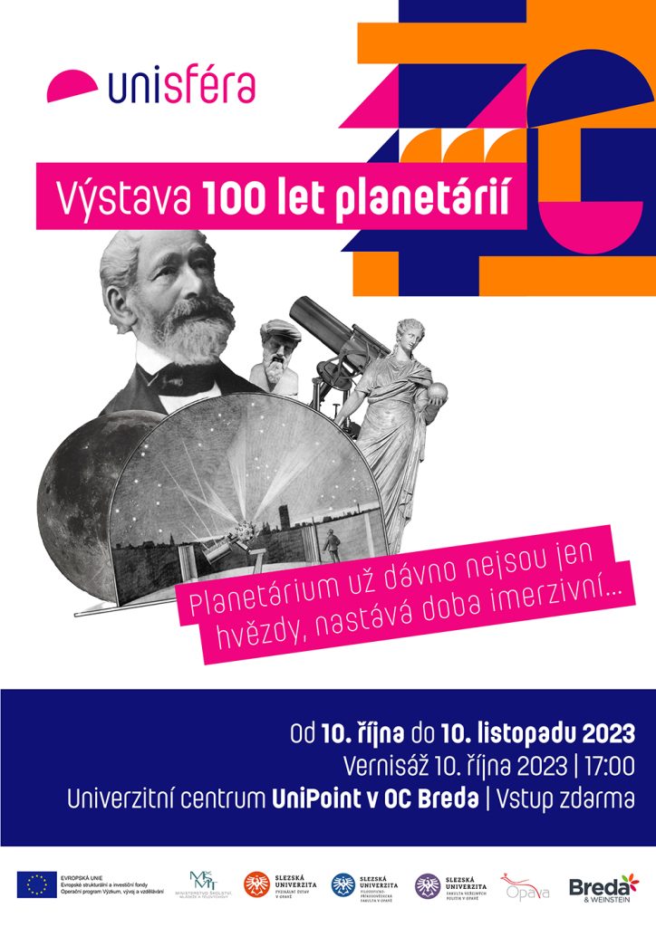 Plakát k výstavě 100 let planetárií. Zdroj: FÚ v Opavě.