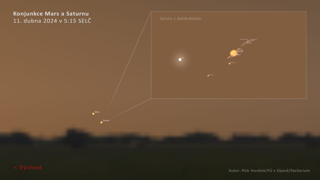 Velmi blízká konjunkce Saturnu a Marsu 11. dubna 2024 bude viditelná nízko nad obzorem při rozbřesku. Zdroj: Petr Horálek/Stellarium/Fyzikální ústav v Opavě.