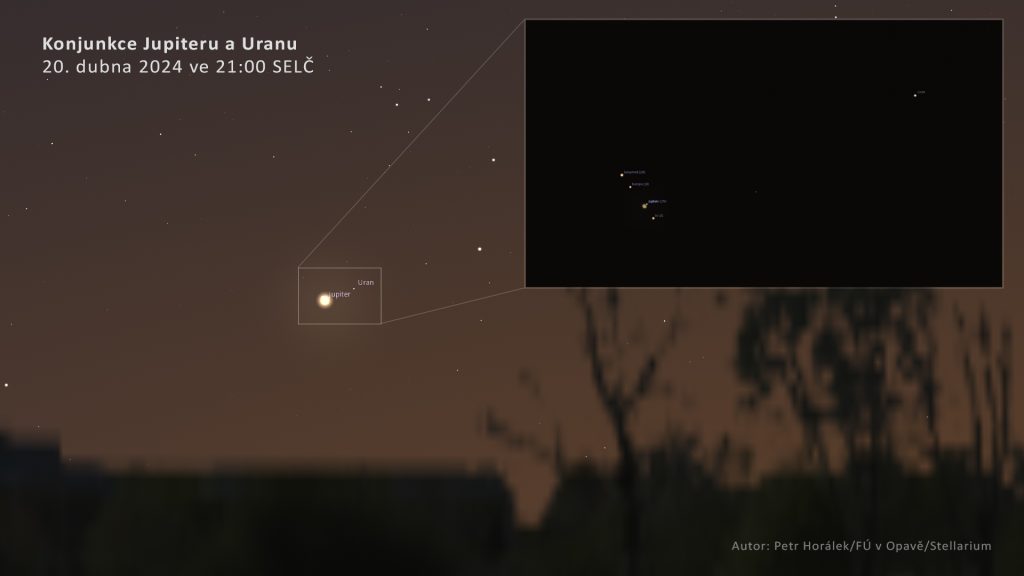 Na večerní obloze za soumraku 20. dubna 2024 se schýlí k těsné konjunkci Jupiteru a Uranu. Planety se budou nacházet jen 0,5° od sebe. Zdroj: Petr Horálek/Stellarium/Fyzikální ústav v Opavě.