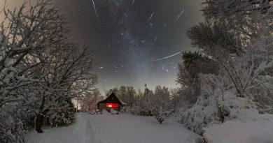 Maximum meteorického roje Geminid v roce 2018 nad Sečskou přehradou. Foto: Petr Horálek.