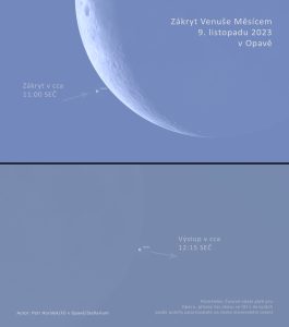 Průběh zákrytu Venuše Měsícem 9. listopadu 2023 v Opavě. Zdroj: P. Horálek/Stellarium/FÚ v Opavě.