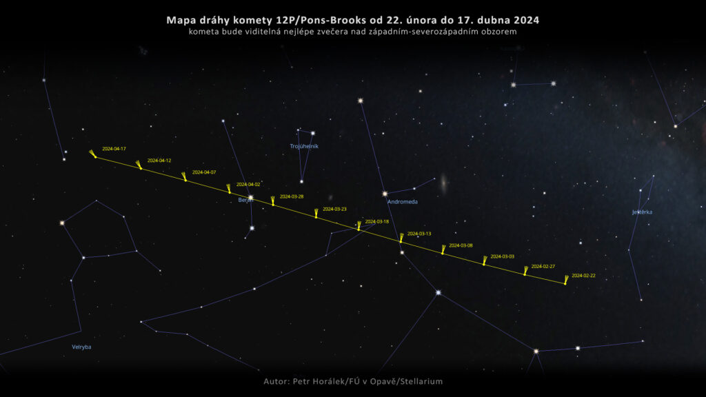 Mapa dráhy komety 12P/Pons-Brooks od 22. února do 17. dubna. Autor: Petr Horálek/FÚ v Opavě/Stellarium.