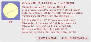 Parametry přeletu Mezinárodní kosmické stanice ISS na zvoleném místě pozorování na Vysočině. Zdroj: Transit-Finder.com