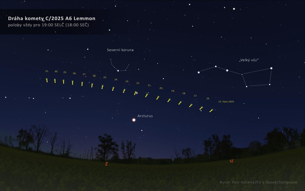 Vyhledávací mapka pro kometu C/2025 A6 Lemmon. Zdroj: Petr Horálek/FÚ v Opavě/Stellarium.