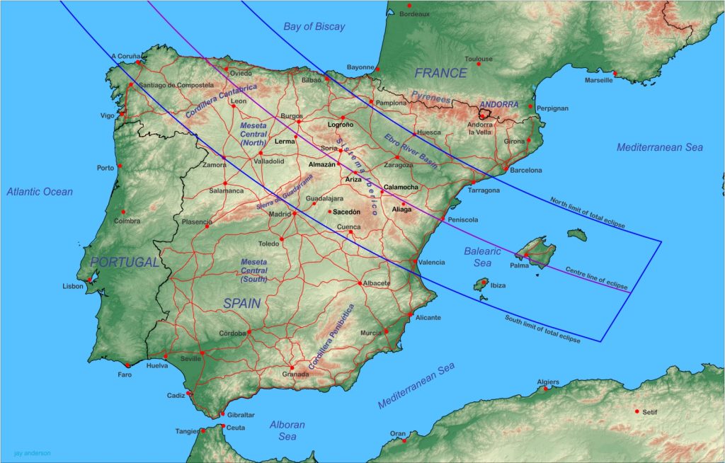 Mapa pásu úplného zatmění Slunce 12. srpna 2026 ve Španělsku. Zdroj: Jay Anderson/Eclipsophile.com