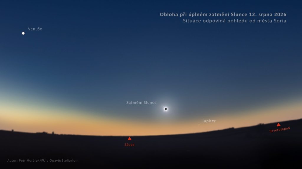 Simulační snímek maximální fáze úplného zatmění Slunce 12. srpna 2026 od španělského města Soria. Zdroj: Petr Horálek/Fyzikální ústav v Opavě.