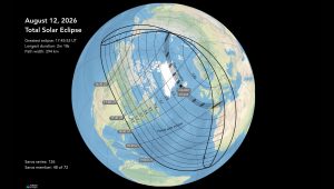 Mapa zatmění Slunce 12. srpna 2026. Jako úplné bude toto zatmění pozorovatelné v pásu jdoucího přes Grónsko, Island a Španělsko. Zdroj: Iceland at Night.