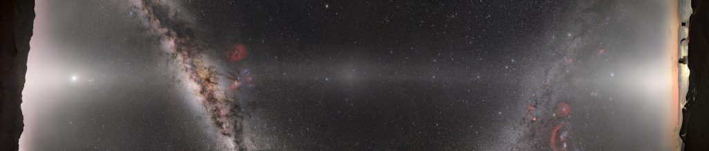 Panorama pásu zvířetníkového světla (vpravo a vlevo), zodiakálního mostu a protisvitu proti dokonale tmavé obloze na Havaji a v Chile. Foto: Petr Horálek, Tomáš Slovinský/NOIRLab/AURA.