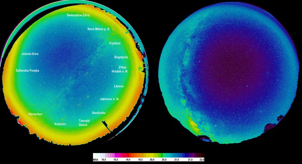 Porovnání kvality oblohy v Jizerské oblasti tmavé oblohy JOTO (vlevo) a na La Palmě (vpravo). Na stupnici je uvedena jednotka osvitu na plochu detekčního zařízení. Zatímco v JOTO se nejtmavší nebe nachází v nadhlavníku na úrovni, která ani nedosahuje kvality přírodně tmavého nebe a obzor je zcela přesvícen okolními městy, obloha v nadhlavníku na La Palmě je přírodně zcela tmavá. Autor: Martin Mašek/KaL.