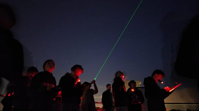 Finalisté na terase univerzitní observatoře WHOO! při řešení úloh pozorovacího kola. Foto David Kománek.