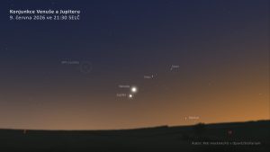 Konjunkce Venuše a Jupiteru 9. června 2026 doplní Merkur, Castor, Pollux a také hvězdokupa M44 (Jesličky). Zdroj: Petr Horálek/FÚ v Opavě/Stellarium.